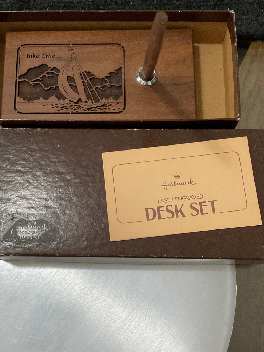 Hallmark Brown Laser Engraved Sailboat Wooden Desk Set with Pen